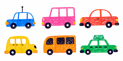 Fototapeta premium Collection of hand drawn crayon style vehicles on a white background