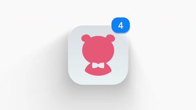 Teddy bear app icon featuring an animated notification badge with number counter increasing from 1 to 99, dynamic shadow effect, minimalist concept for toy shop updates, on white background.
