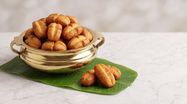 Traditional Kerala Vettu Cake Sweet Snack in a Golden Brass Uruli on Banana Leaf with Marble Table Copy Space