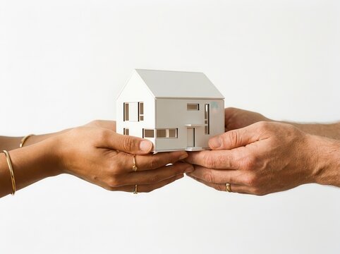 Couple holding white model house together for real estate concept