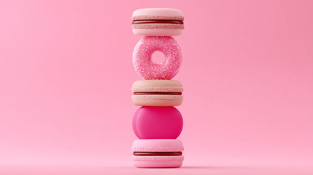 Tower of pink macarons and a frosted donut isolated on pink background with vertical