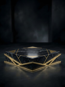 Luxury Hexagonal Black Marble Podium with Elegant Gold Geometric Accents in a Dark Minimalist Studio Setting