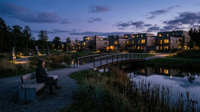 Woman sitting on bench reading book near pond at evening twilight