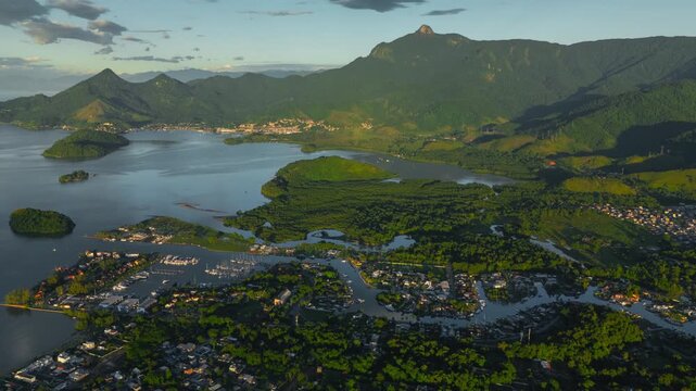 Aerial sunrise timelapse of the Marina Bracuhy near the town of Angra dos Reis in Brazil