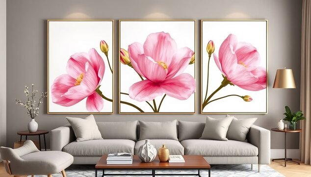 Modern triptych wall art featuring pink peonies and gold accents for cozy living spaces