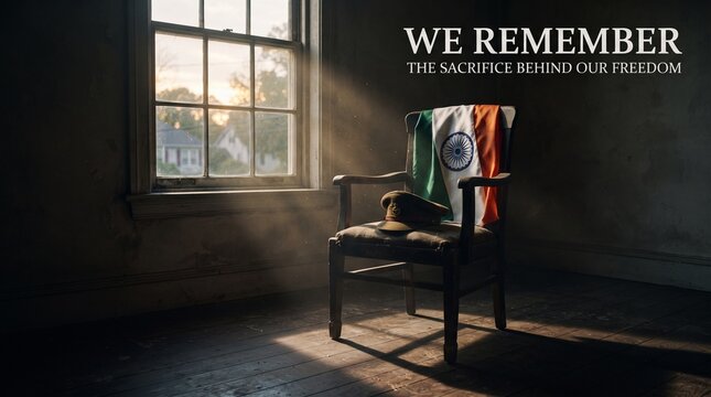 Patriotic Indian flag on vintage chair with military cap, We Remember sacrifice text, somber memorial room with sunlight