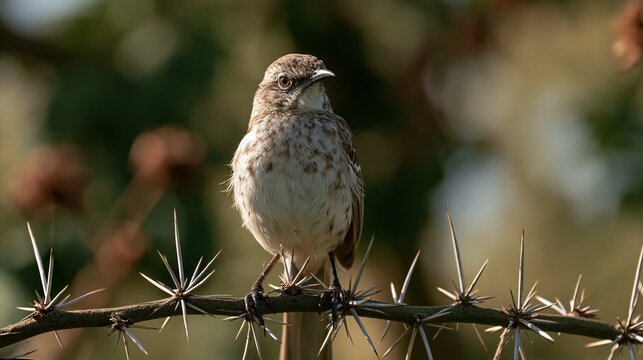 Curve-billed thrasher perched on a sharp thorny branch in natural desert environment