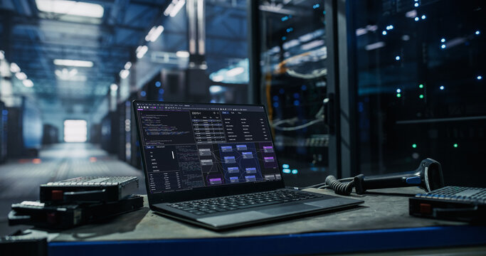 Laptop Computer Running Server Inventory and Network Analytics Software on Workbench Cart Beside Sas Hard Drives and Barcode Scanner in Aisle of AI Data Center Facility Awaiting Technician Service
