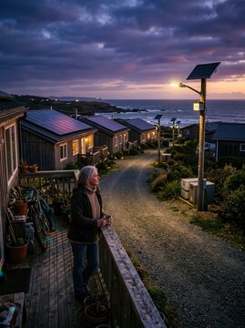 Senior Woman Standing on Deck of Coastal Village with Solar Panels