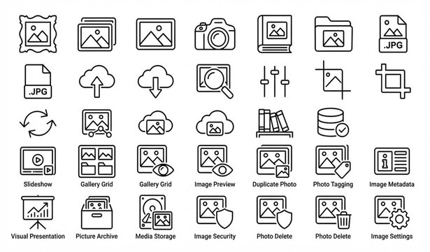 Photo management digital gallery image storage outline vector icon set