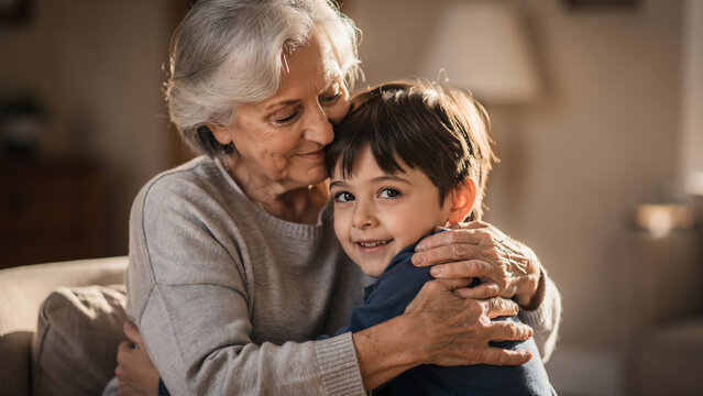 Elderly woman tenderly hugging her grandson, soft natural indoor lighting, cinematic portrait, perfect for family bonding, retirement and care