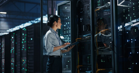 Obraz na płótnie Canvas Asian Female Network Technician Standing With Digital Tablet Computer in Front of Open Server Rack Cabinet, Inspecting Cable Management and Switch Ports During Maintenance in AI Data Center