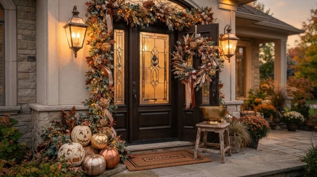 Elegant autumn porch decor with pumpkins and festive wreath welcomes guests