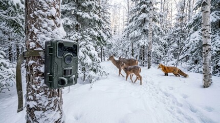 Naklejka premium Wildlife camera captures deer and fox in a snowy winter forest landscape