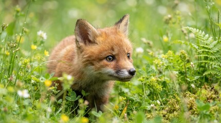 Naklejka premium Adorable fox cub peeking through lush green grass and wildflowers