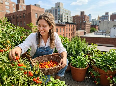 Smiling Woman Harvesting Tomatoes on Rooftop Garden for Eco Banner