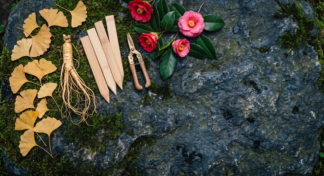 Top down view of Japanese botanical herbs and gardening snips on mossy stone