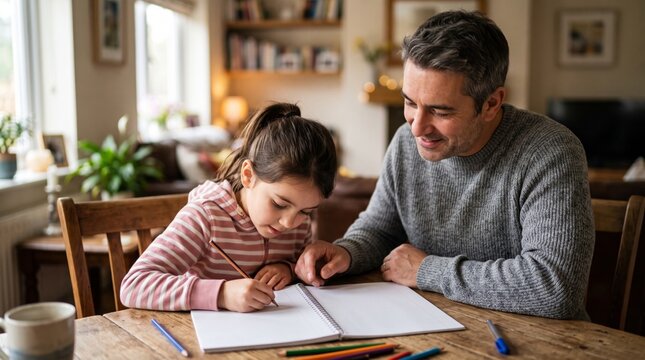 Caring father helps his young daughter complete homework while studying together at the kitchen table