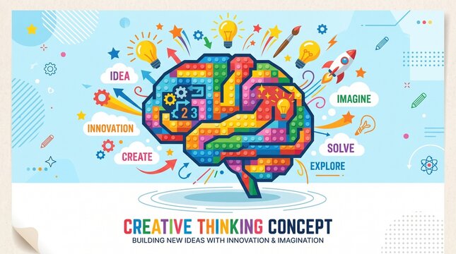 Colorful creative thinking brain concept with urban design elements and innovation symbols