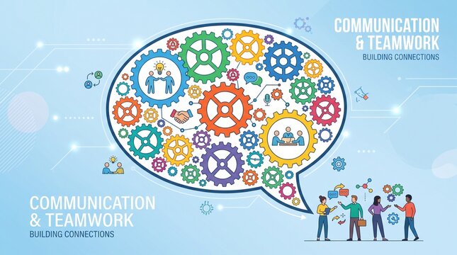 Teamwork and communication concept with colorful gears forming a speech bubble illustration
