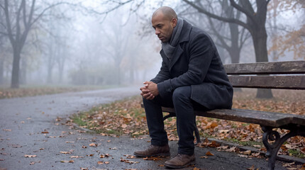 Fototapeta premium Man sits pensively on a misty park bench, feeling lonely and depressed