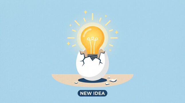 New idea hatching from cracked egg with glowing light bulb symbolizing innovation and creativity