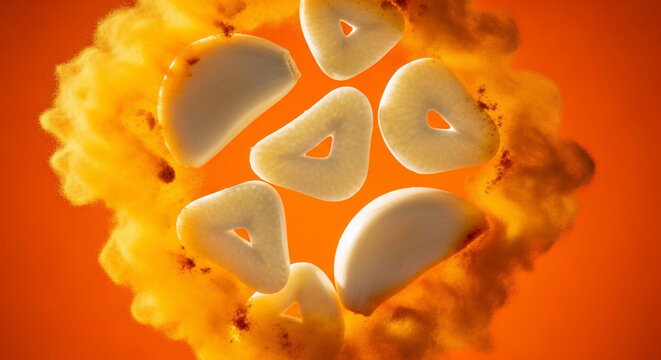 Slices of garlic and spice powder exploding on an orange background, concept for cooking, culinary arts and food advertising