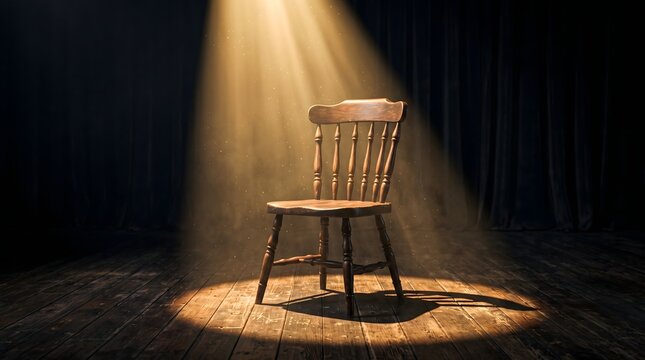 Vintage wooden chair on theater stage in spotlight. Dramatic lighting on old chair. Concept of destiny, waiting, loneliness, or success. Dark background and atmosphere. Conceptual photography.