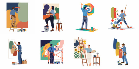 Fototapeta premium Collection of diverse artists and painters creating colorful murals and wall art, isolated on white background.