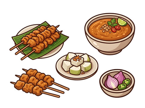 Indonesian chicken satay sate ayam skewers with peanut sauce vector icons collection set isolated on white background