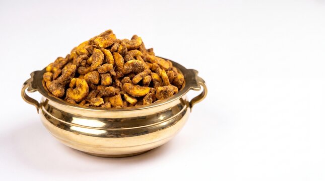 Traditional Kerala Sweet Sharkara Varatti Jaggery Banana Chips in a Golden Brass Uruli on White Background with Copy Space