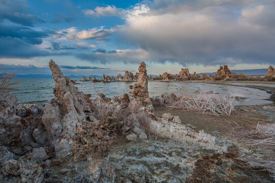 Beautiful scenic view of limestone tufa towers on the shore of Mono Lake