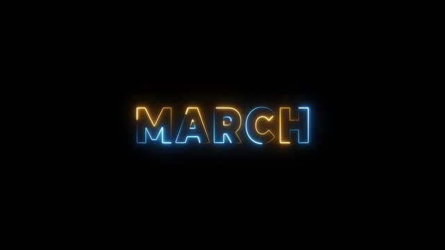 Neon sign spelling MARCH in blue and orange glowing text on a black background perfect for seasonal announcements or event promotions