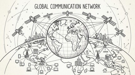 Obraz premium Modern Black and White of Global Communication Network with Satellites Servers ISPs and Devices