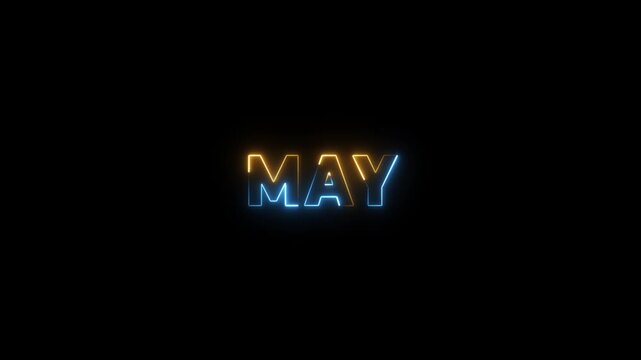 Neon sign spelling MAY in blue and orange glowing text on a black background perfect for seasonal promotions and event announcements