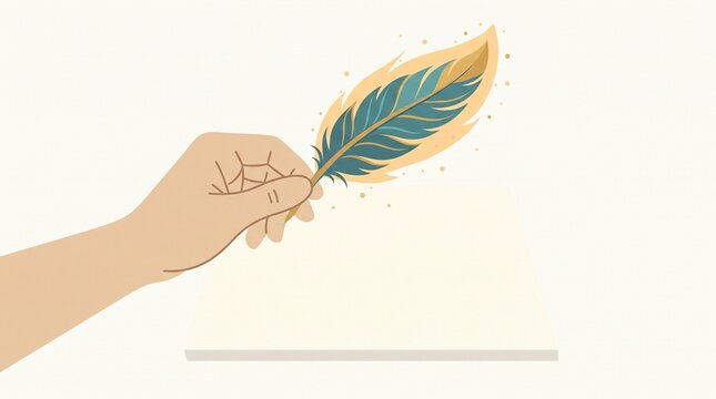 Hand holding vibrant glowing feather with golden blue light effects for futuristic design