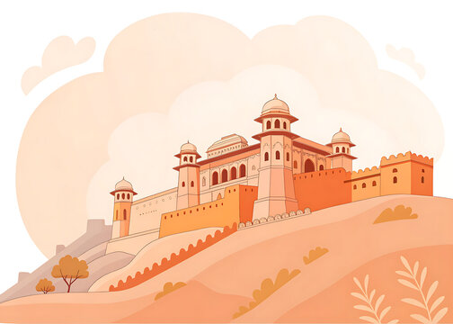 Amber Fort, Jaipur, majestic sandstone palace on a hill, minimal vector style, soft pastel orange and peach tones, clean shapes, simplified architecture