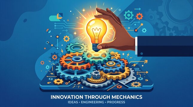 Hand holding glowing lightbulb with innovation and mechanics hologram concept for business growth