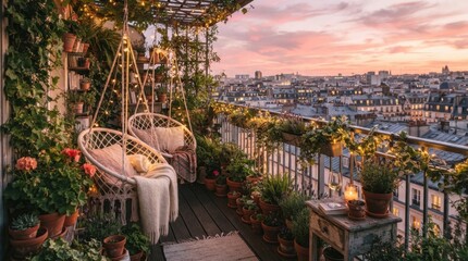 Fototapeta premium Cozy balcony oasis with hanging chairs and city view at sunset