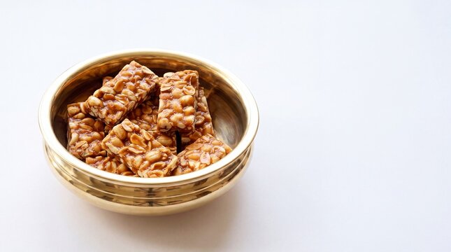Traditional Kerala Peanut Chikki Kadala Mittayi Kappalandi Sweet Bars in a Golden Brass Bowl on White Background with Copy Space