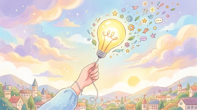 Hand releasing glowing light bulb balloon into colorful sky at sunrise for innovation concept