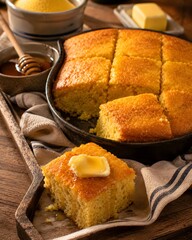 Naklejka premium Warm Southern cornbread served with creamy honey butter on a rustic wooden tray, creating a cozy farmhouse kitchen atmosphere with golden lighting.