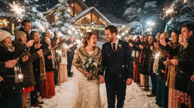 Joyful winter wedding couple walking through sparkler tunnel with guests