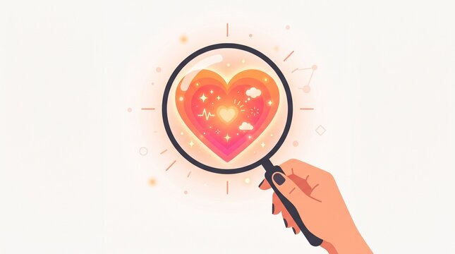 Hand examines heart-shaped object with magnifying glass for close inspection and detail analysis