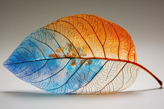 Close-up of a delicate leaf, painted with watercolor hues of blue and orange