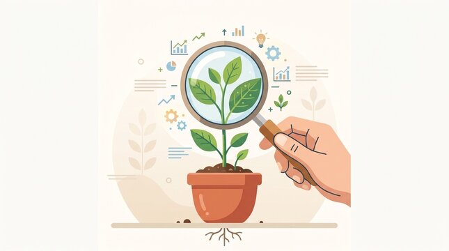 Hand examines young plant growth with magnifying glass for sustainability and eco-friendly business concept