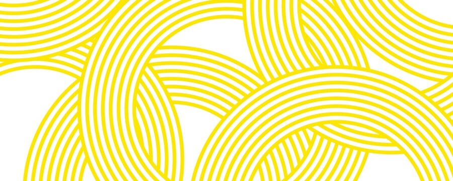 Doodle banner with yellow ramen pattern on white background. Wave abstract pattern. Pasta background, spaghetti abstract geometric pattern.