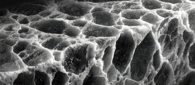 A grayscale close-up reveals a rough, porous, cellular texture with a play of light and shadow