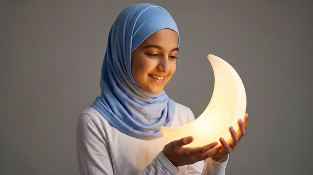 Young girl wearing blue hijab holding glowing crescent moon lamp. Islamic culture, Ramadan celebration, bedtime, child, education.