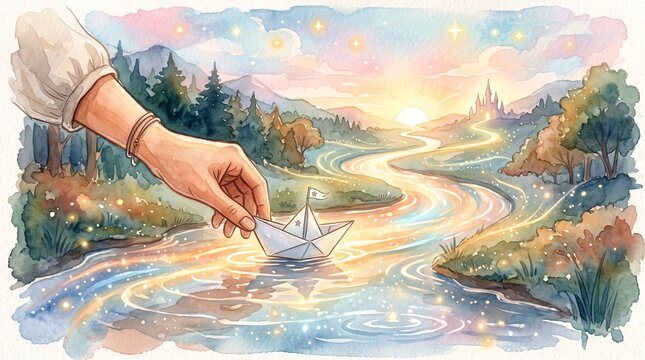 Hand gently launching paper boat into flowing stream at golden sunset for peaceful childhood memory concept